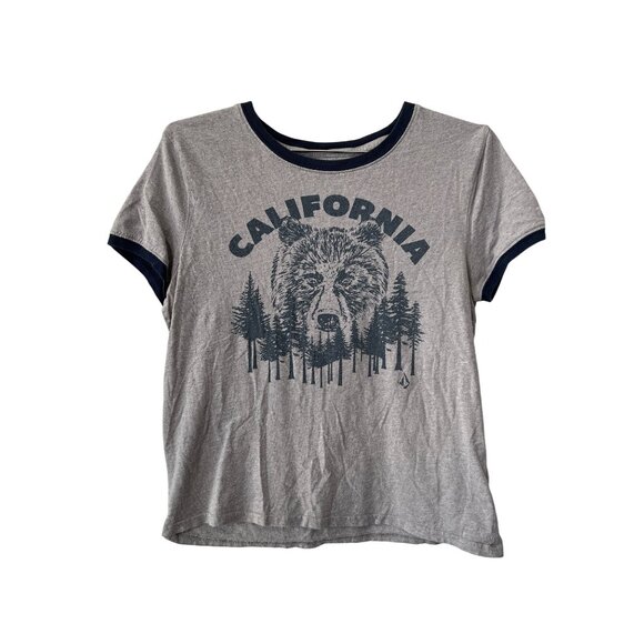 Volcom Graphic Tee Size Medium California Bear Ringer T Shirt Gray Navy Cotton - Picture 1 of 8